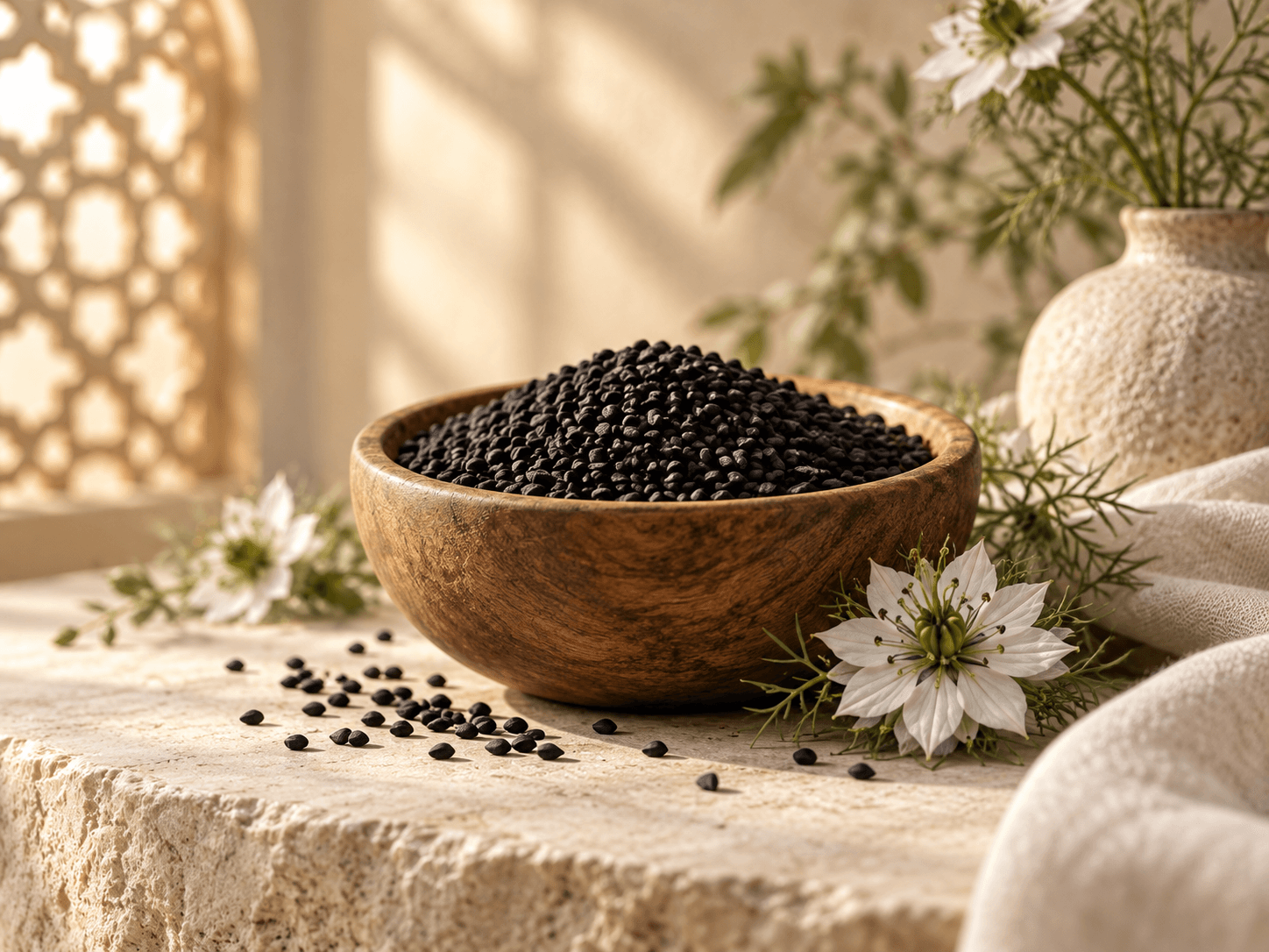 Nigella sativa seeds and flowers